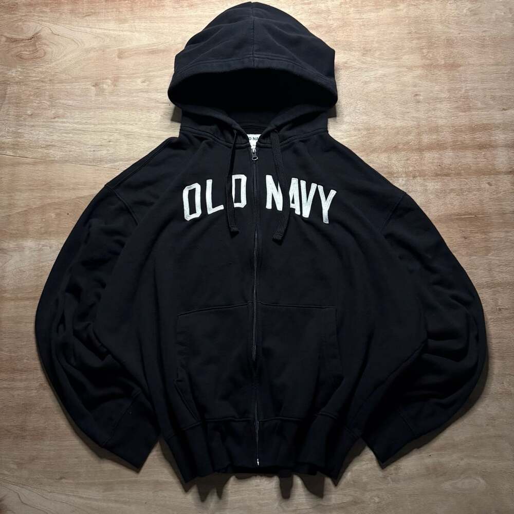 Old Navy XL Black Boxy Zip Up Hoodie Spellout Grunge Oversized Streetwear